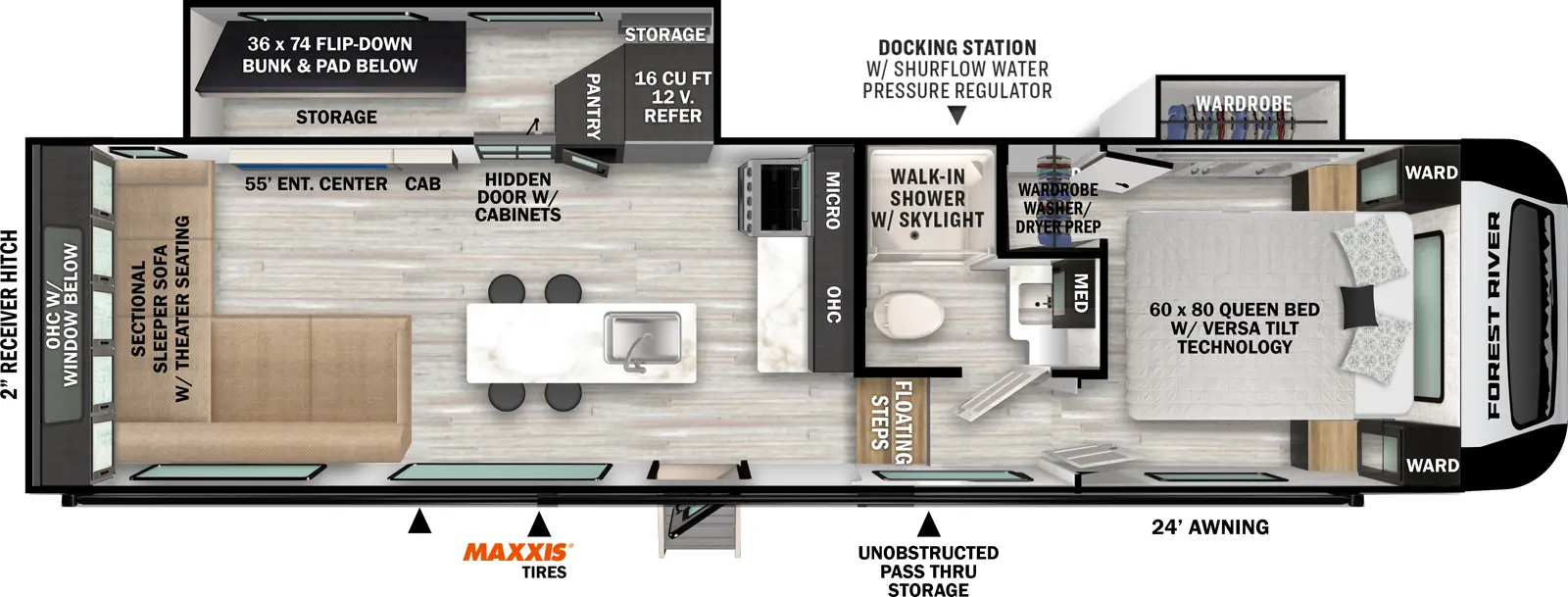 The Impression 282RL floorplan has one entry and two slide outs. Exterior features include: fiberglass exterior and 24' awning. Interiors features include: bunk beds, kitchen island, front bedroom and rear living.